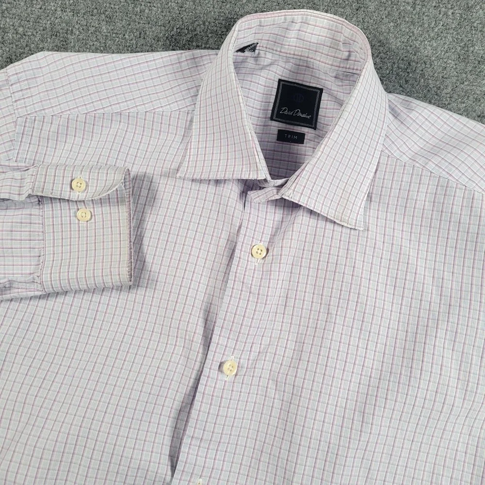 David Donahue Dress Shirt Men 17 34/35 Purple Blue Check Trim Fit Cotton